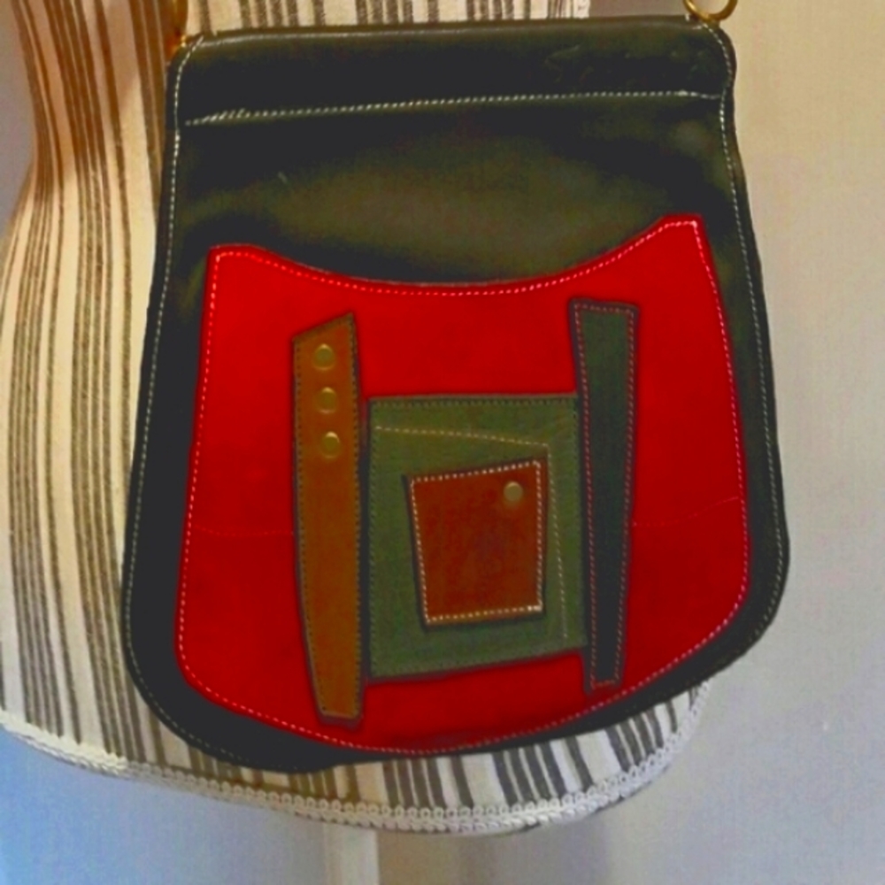 Red Patch Colorblock 100% Leather Shoulder Bag Handmade One of a Kind. - Picture 3 of 12